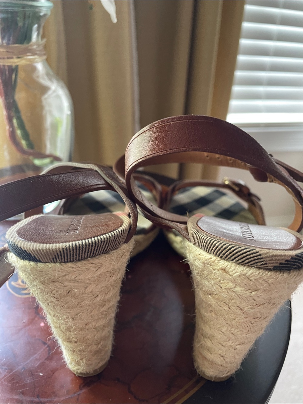 Burberry Brown Leather & Beige Check Espadrille Wedge Sandals - Picture 7 of 16